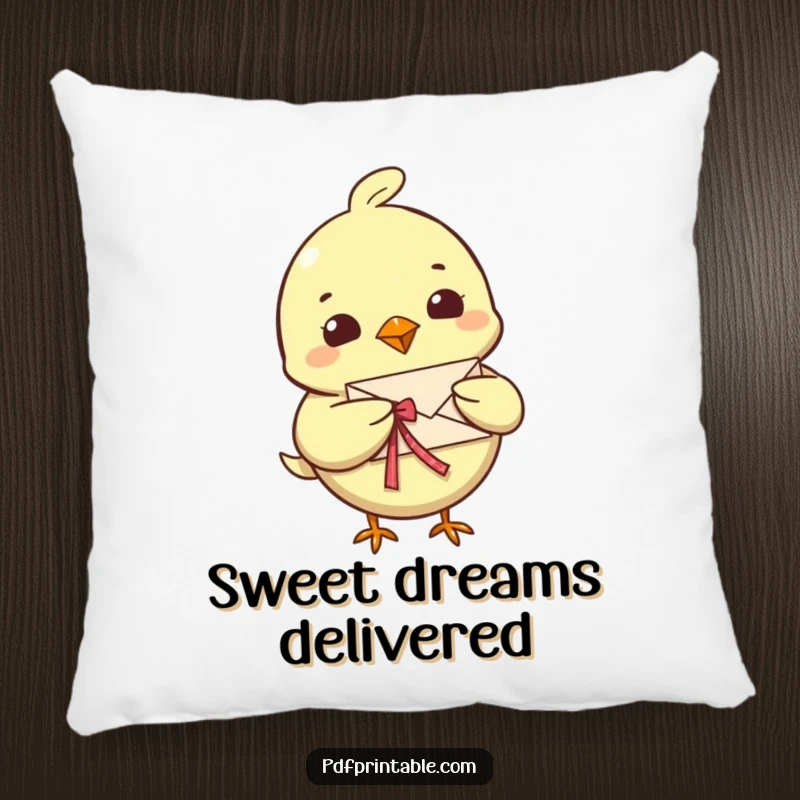 Funny Bird Letter Pillow with a cheerful bird character delivering a tiny, folded letter with a ribbon, offering cute and cozy decorative appeal.