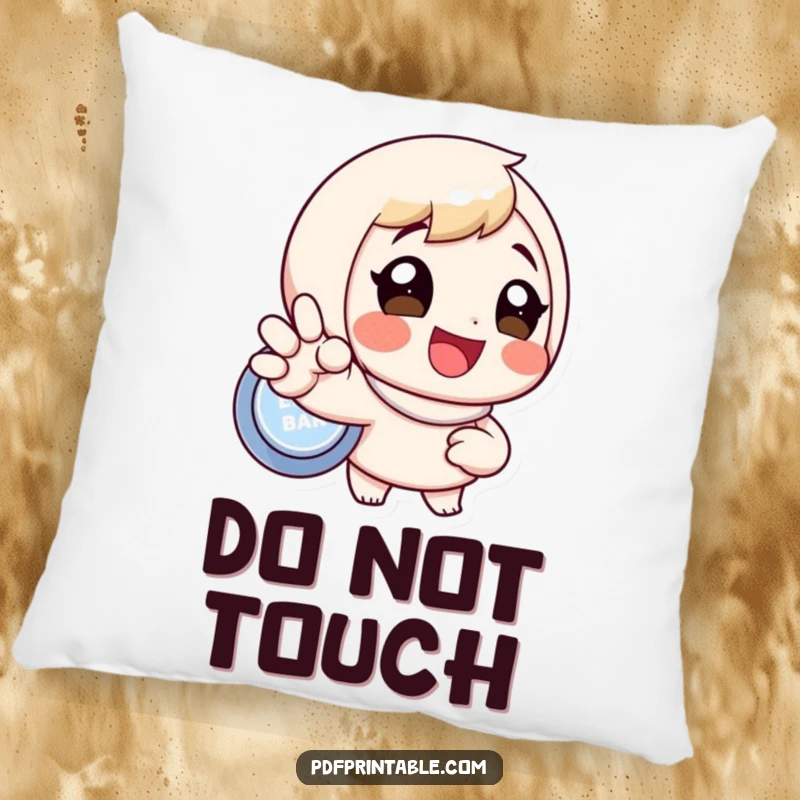 Funny pillow featuring a joyful character poised to press a big button, embodying pure excitement and comfort, a wonderful funny gift.