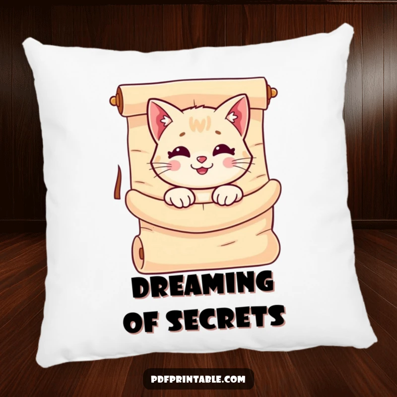 Funny Cat Scroll Pillow with a smiling cat peeking out from a large, unrolled scroll, offering cute and cozy decorative appeal.