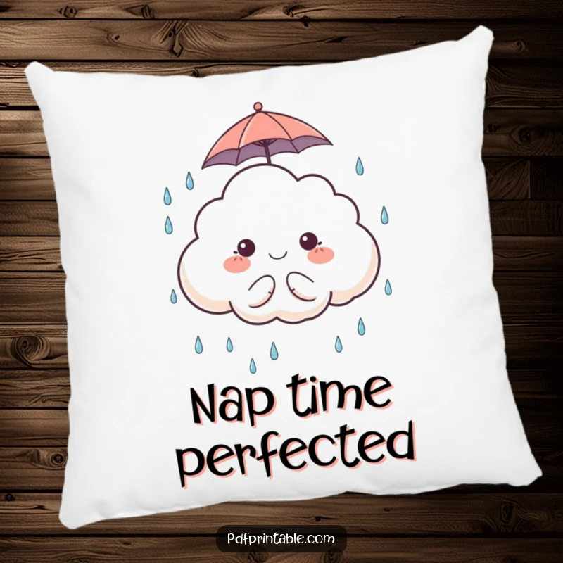 Funny Pillow: A plush pillow with a cute cloud character holding an umbrella and catching raindrops, perfect for cuddles.