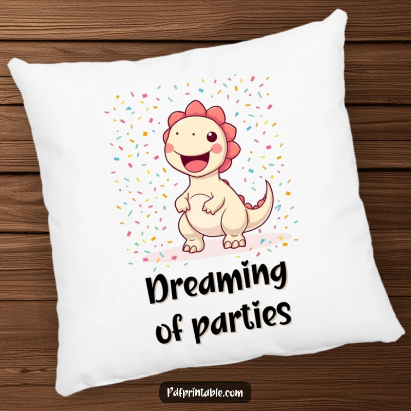 Funny kawaii dinosaur character joyfully printing a large, colorful confetti pattern, printed on a soft pillow for humorous comfort.