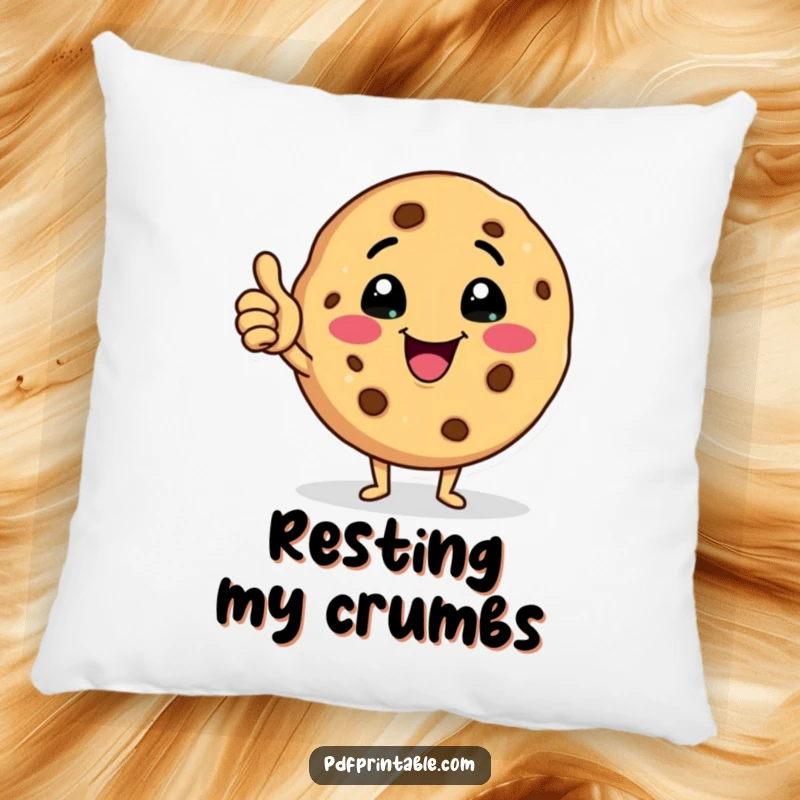 Funny cookie pillow showing a happy cookie character winking and giving a thumbs up, perfect for cozy relaxation.
