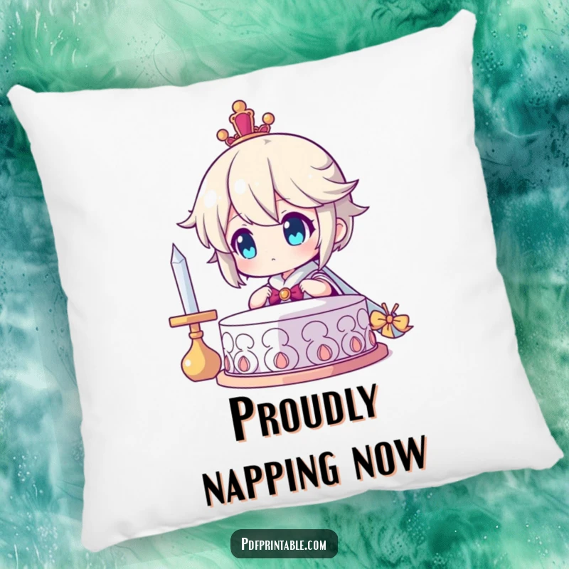 Funny Pillow: Character looking at a finished creation with immense pride, symbolizing satisfaction and accomplishment, a soft funny gift.