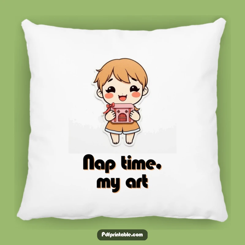 Funny Craft Joy Pillow: Soft cushion with smiling character and paper craft, funny gift.