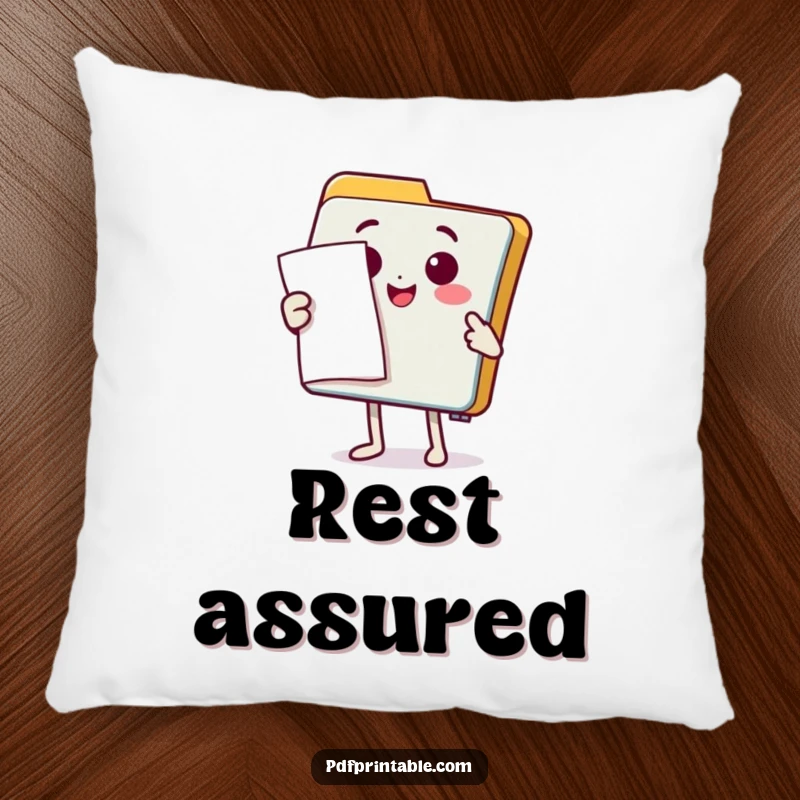 Funny Pillow: A happy folder character presenting a document with a flourish, offering comfort and organizational humor.
