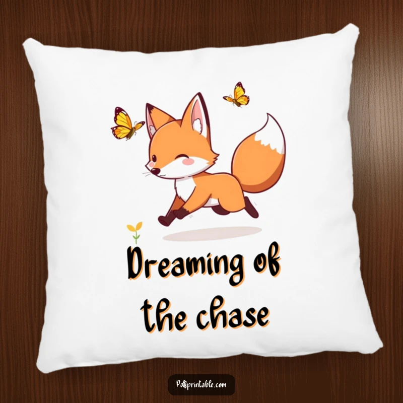 Funny playful fox chasing a fluttering butterfly, offering plush humor and natural charm on a decorative pillow.