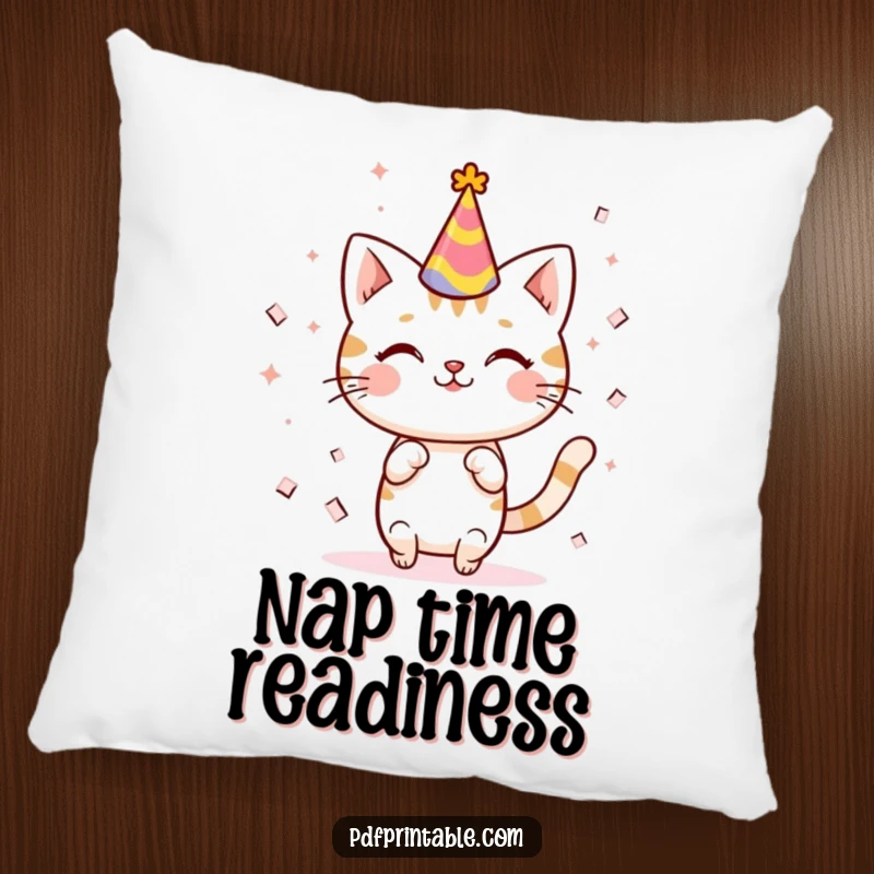 Funny kawaii cat in a party hat, surrounded by festive confetti, bringing a touch of playful celebration to this plush pillow.