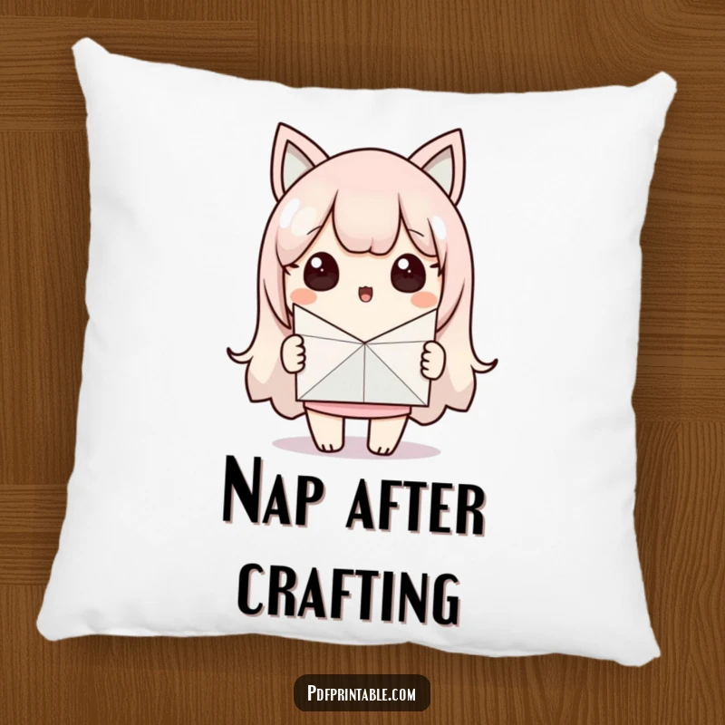 Funny Pillow: Surprised Kawaii character holding a finished paper craft, radiating pride. An amusing and cozy funny gift.