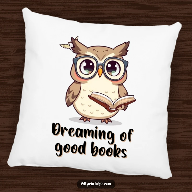Funny owl with glasses looking at a flying book, offering plush humor and academic charm on a decorative pillow.