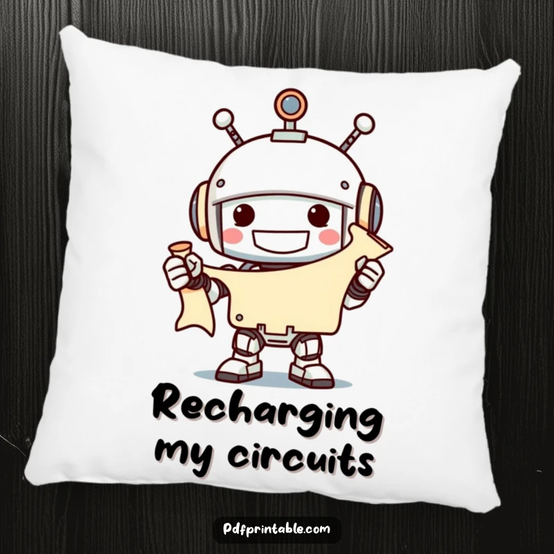 A grinning robot holding an unfurled scroll with a smile, featured on a soft pillow, funny gift.