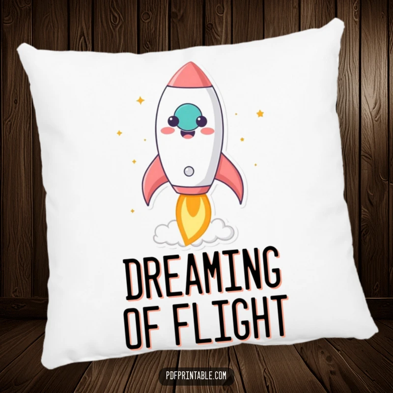 Funny kawaii rocket character blasting off from a smiling paper, printed on a soft pillow for humorous inspiration and comfort.