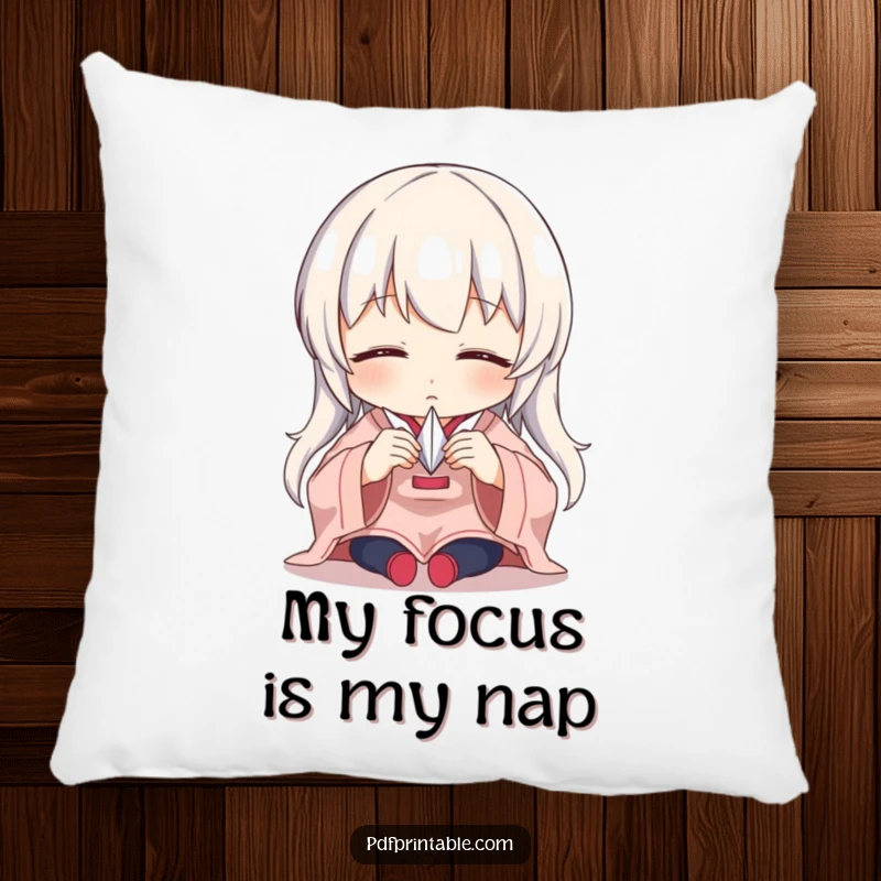 Funny Pillow with a character demonstrating intense focus while meticulously folding a tiny paper crane, embodying artistic precision.