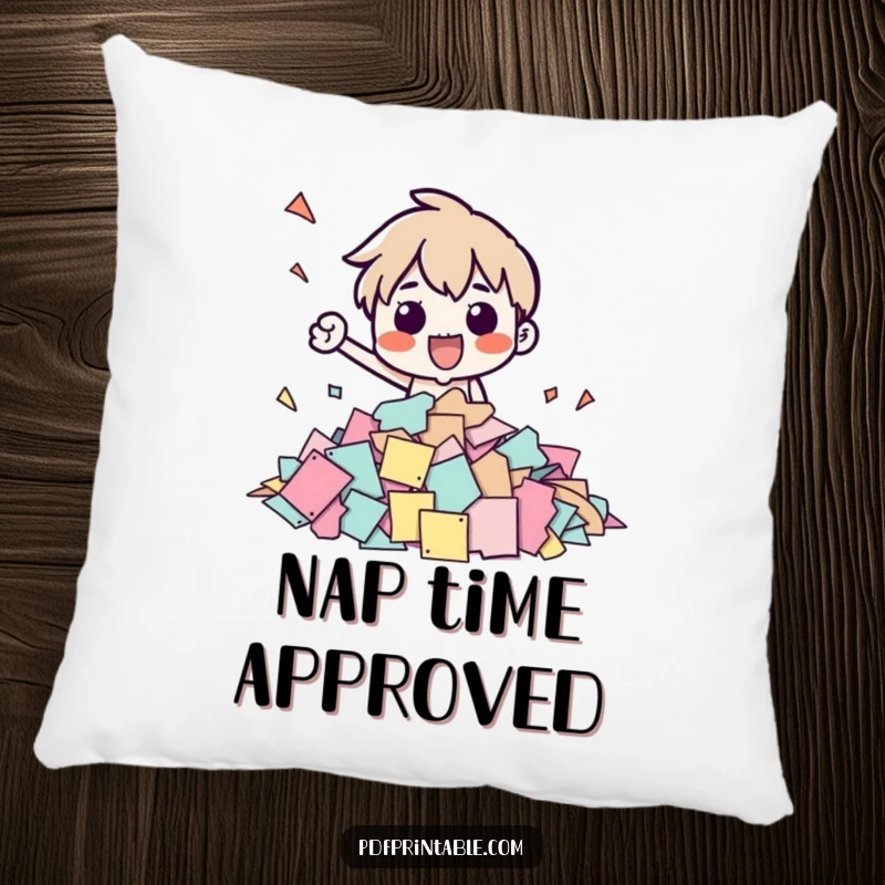 Funny pillow with a character stamping papers, a cute and humorous accent for sofas or chairs, adding a funny touch.