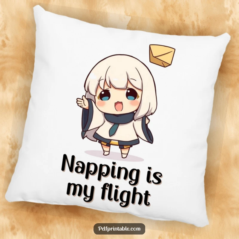 Funny Pillow: Character in a playful pose, tossing a small folded paper object, symbolizing carefree joy and lightheartedness, a soft funny gift.