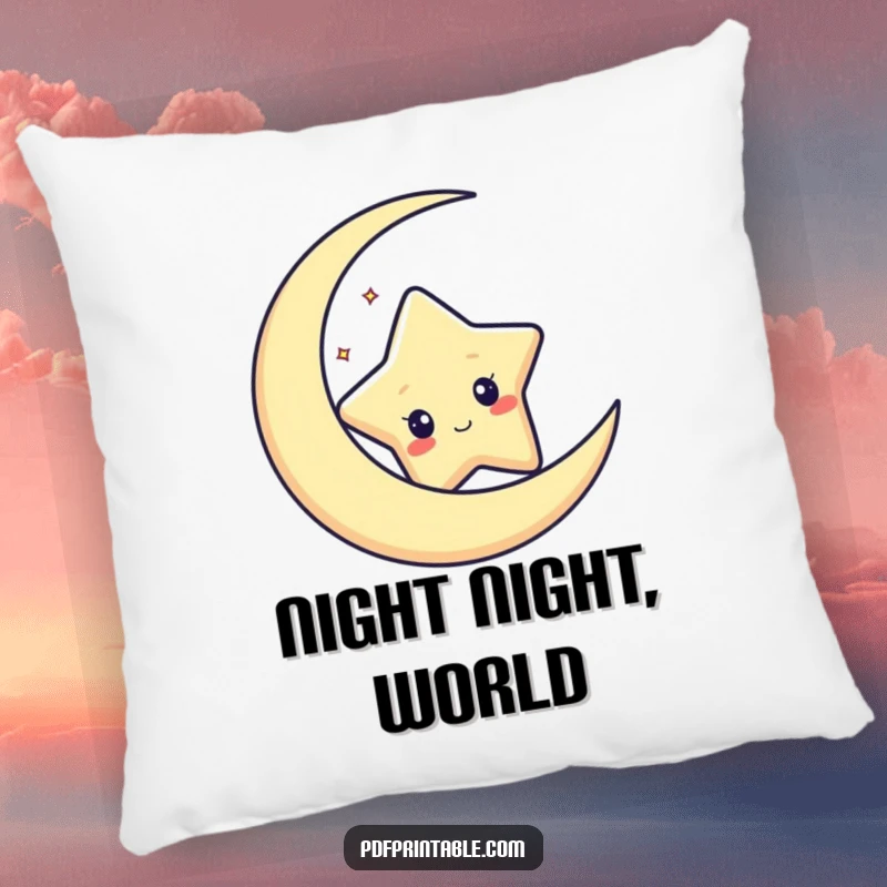 Funny pillow showcasing a curious star character peeking from behind a crescent moon, perfect for celestial comfort.