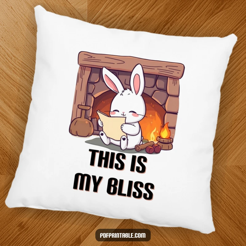 Funny Pillow: A soft pillow featuring a content rabbit reading beside a cozy fireplace, perfect for comfortable lounging and literary inspiration.