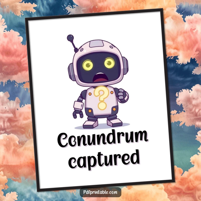 Funny Digital Art Print of a surprised robot character holding a large, glowing question mark, embodying deep thought.