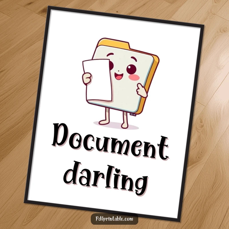 Funny Digital Art: A happy folder character presenting a document with a flourish, perfect for instant, organized and humorous office decor.