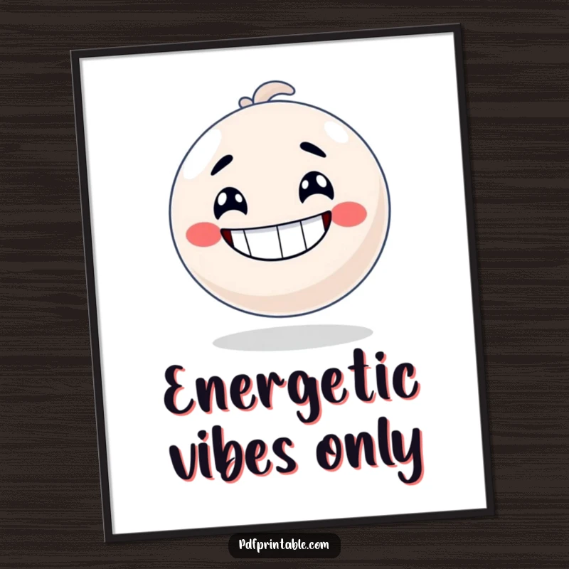 Funny Digital Art Print of a bouncy ball character grinning widely, captured with energetic movement, ready to bounce.