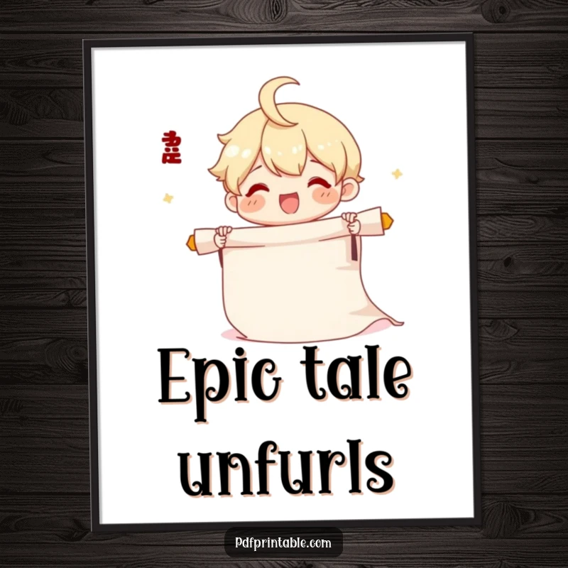 Funny Scroll Digital Art Print of a cute character joyfully unrolling a long scroll of paper, offering instant creative joy.