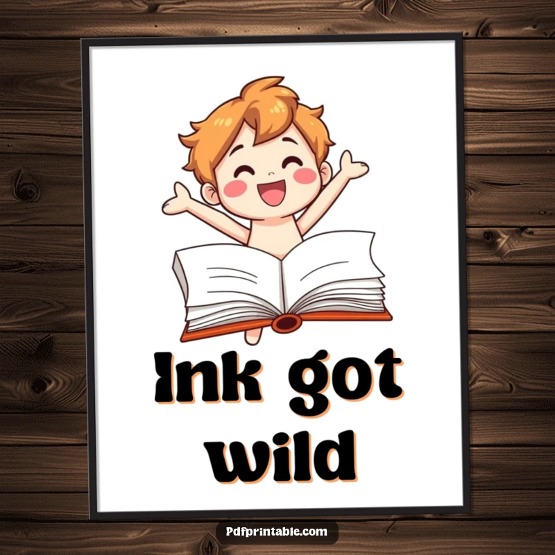 Funny Digital Art: A dynamic book character jumping from a book page, perfect for instant literary-themed home or office decor.