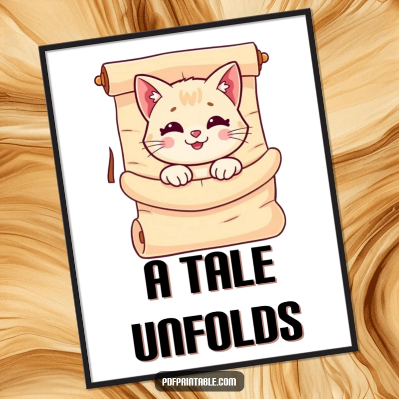 Funny Cat Scroll Digital Art Print of a smiling cat peeking out from a giant, unrolled scroll, perfect for whimsical wall decor.