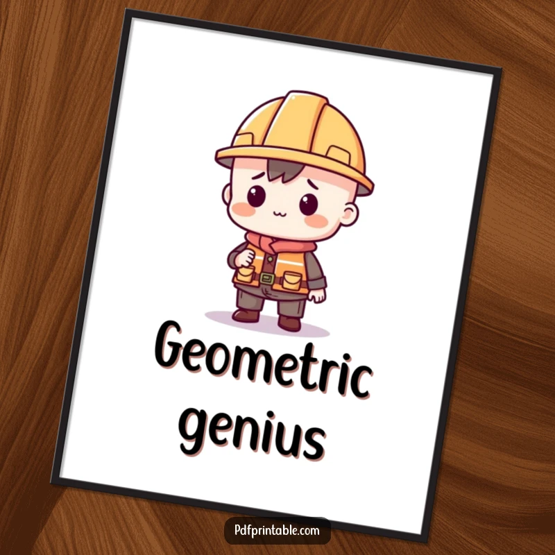 Funny digital art print of a character in a small construction hat building with printable shapes, symbolizing creativity and fun.