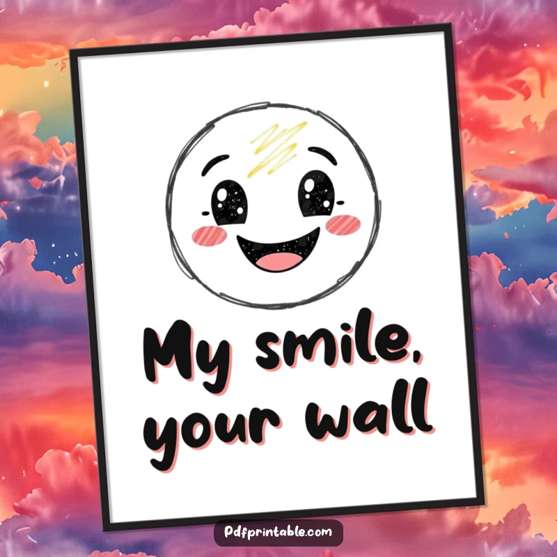 Funny Digital Art Print of a smiling crayon character creating a large, happy smile, a vibrant and humorous wall decoration.