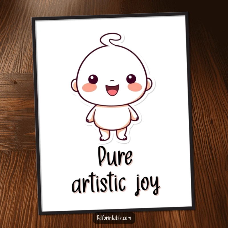 Funny Digital Art Print: Happy character proudly displaying a simple charming doodle artwork, symbolizing creativity and artistic joy, a humorous artistic statement.