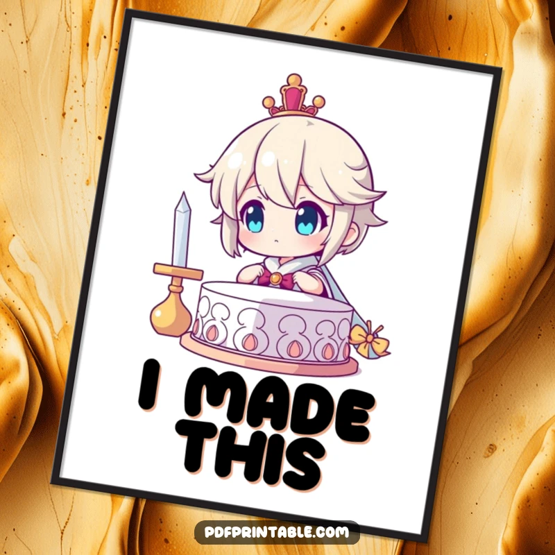 Funny Digital Art Print: Character beaming with immense pride, admiring a finished creation, symbolizing achievement and fulfillment, a humorous artistic statement.