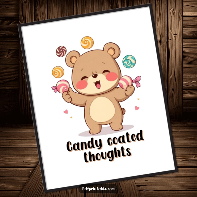 Funny digital art print of a giggling bear character joyfully juggling a pile of oversized, colorful candies, radiating happiness and playful energy.