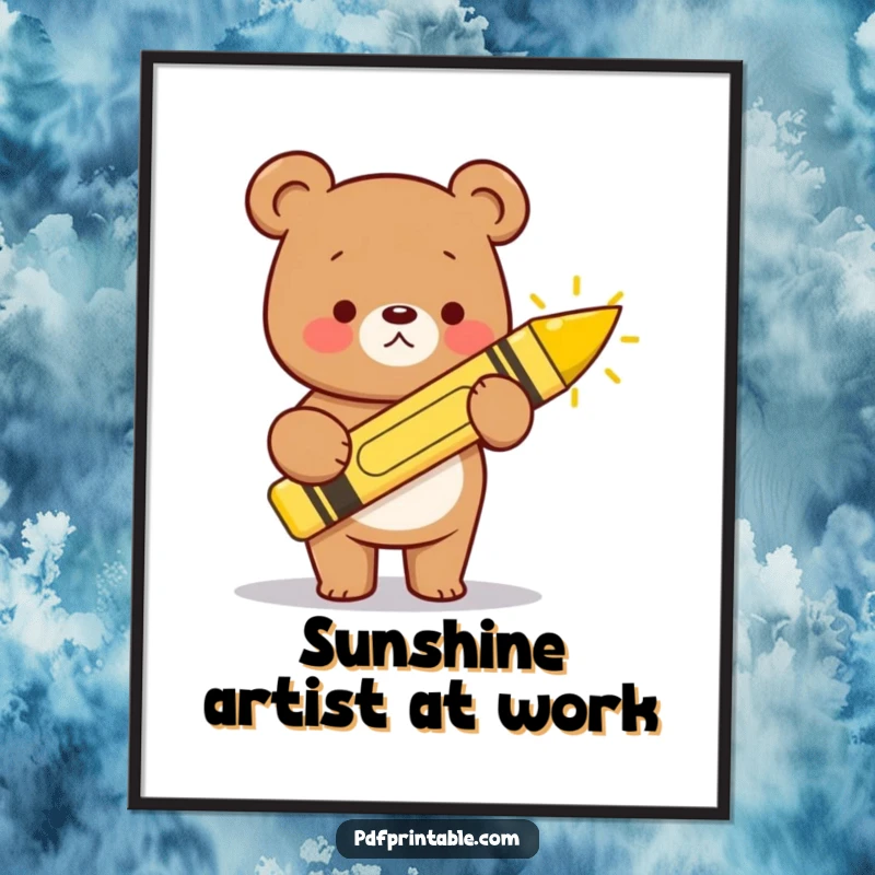 Funny kawaii bear holding a giant crayon, joyfully drawing a happy sun, perfect for digital wall art.