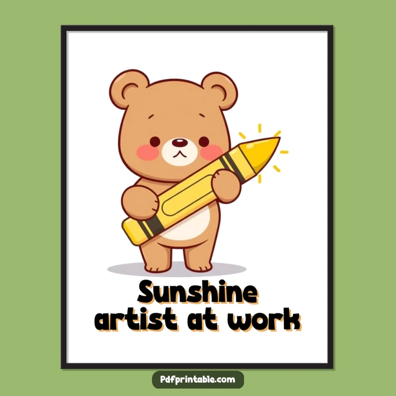 Funny Kawaii Bear Crayon Digital Art: Instant Happy Decor, Unique Funny Gift