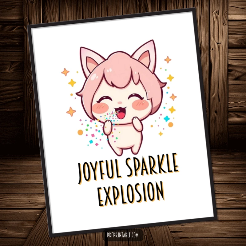 Funny Kawaii glitter digital art print of a happy character joyfully emitting a stream of colorful glitter, radiating pure celebratory delight.