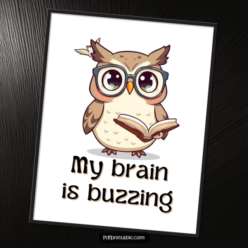 Funny surprised owl wearing tiny glasses, looking at a flying book, available as a digital art print for decor.