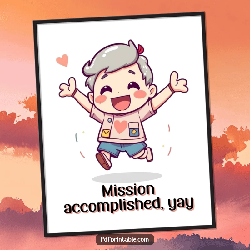 Funny Digital Art Print of a character bouncing with excitement after completing a fun project, perfect for celebratory decor.