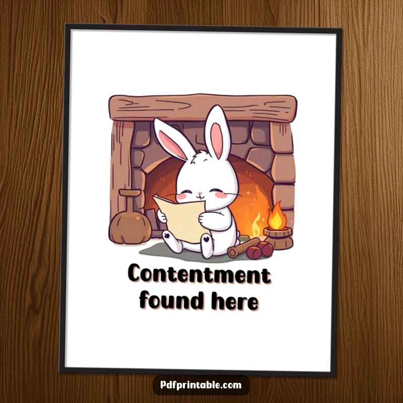 Funny Digital Art: A content rabbit reads by a cozy fireplace, perfect for instant, warm, and literary-themed decor.