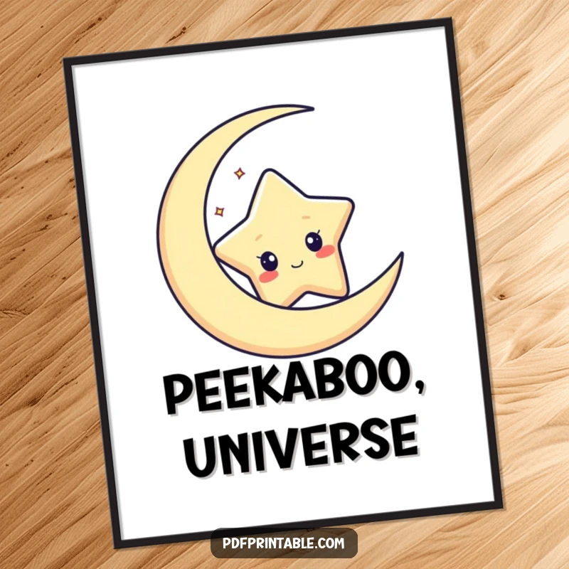 Funny digital art print of a curious star character peeking from behind a crescent moon, evoking celestial mystery.