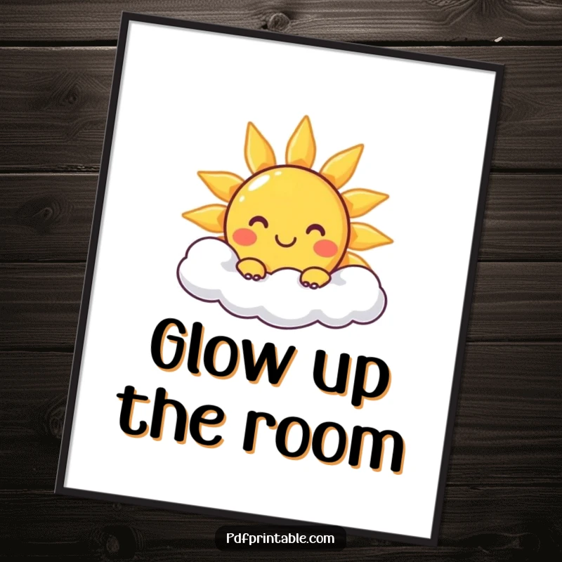 Funny Digital Art Print: A high-resolution image of a smiling sun character peeking from a fluffy cloud, for cheerful decor.
