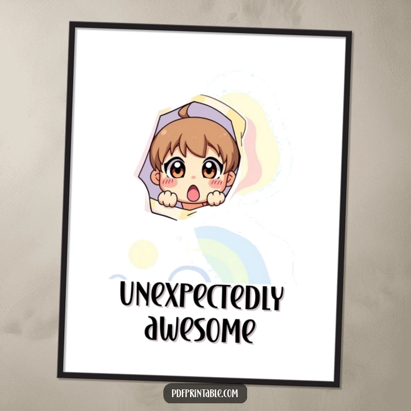 Funny digital art print of a surprised character peeking from a colorful page, perfect for playful and intriguing decor.