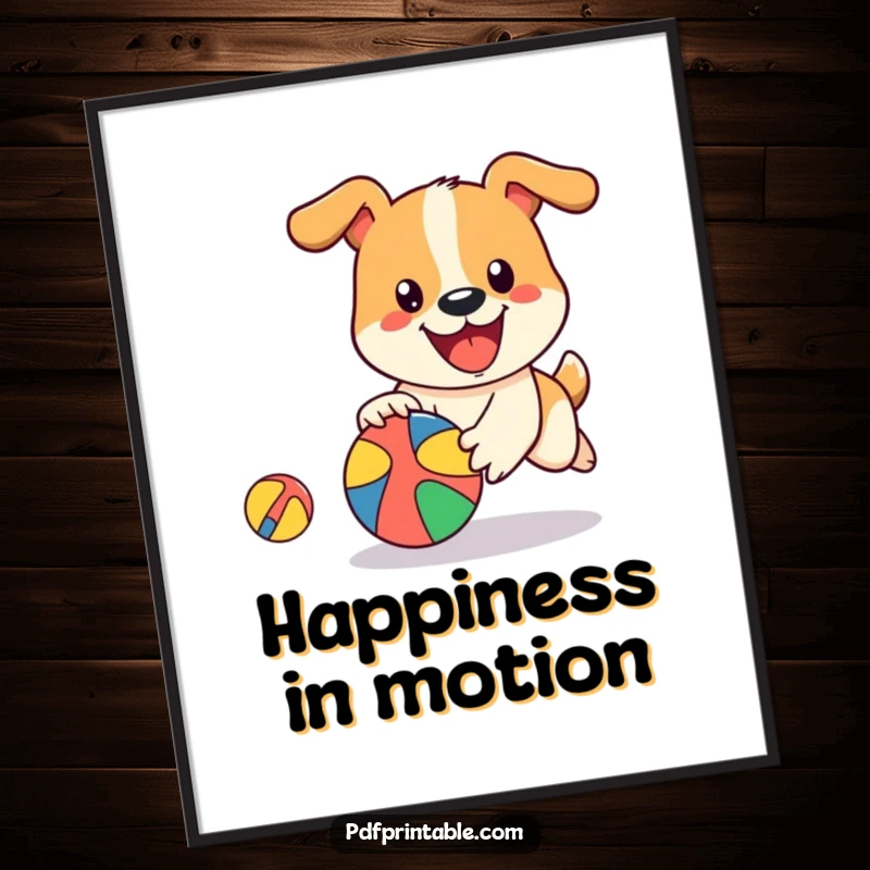 Funny Dog Ball Digital Art Print of a happy dog character energetically chasing a bouncing, colorful ball, perfect for playful wall decor.