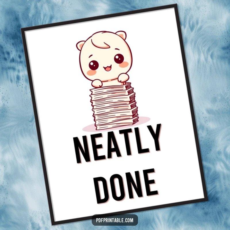 Funny Kawaii character digitally rendered art print, happily stamping papers into a neat stack.