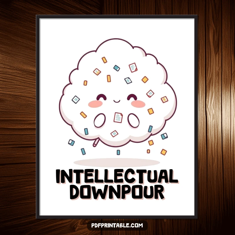 Funny Digital Art: A fluffy cloud character showering stylized document icons, perfect for instant, humorous office-themed wall decor.
