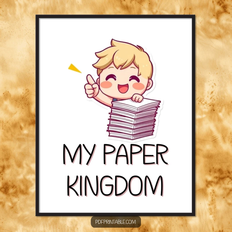 Funny Pointing Papers Digital Art Print of a smiling character energetically pointing at a stack of papers, offering instant organized motivation.