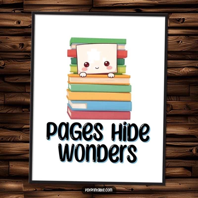 Funny Digital Art Print of a paper character peeking from behind colorful book pages, embodying the joy of reading and discovery.