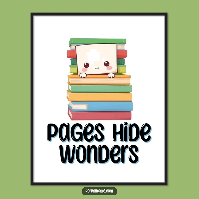 Funny Bookworm Peek Digital Print: Character hiding in pages, humorous artwork gift.