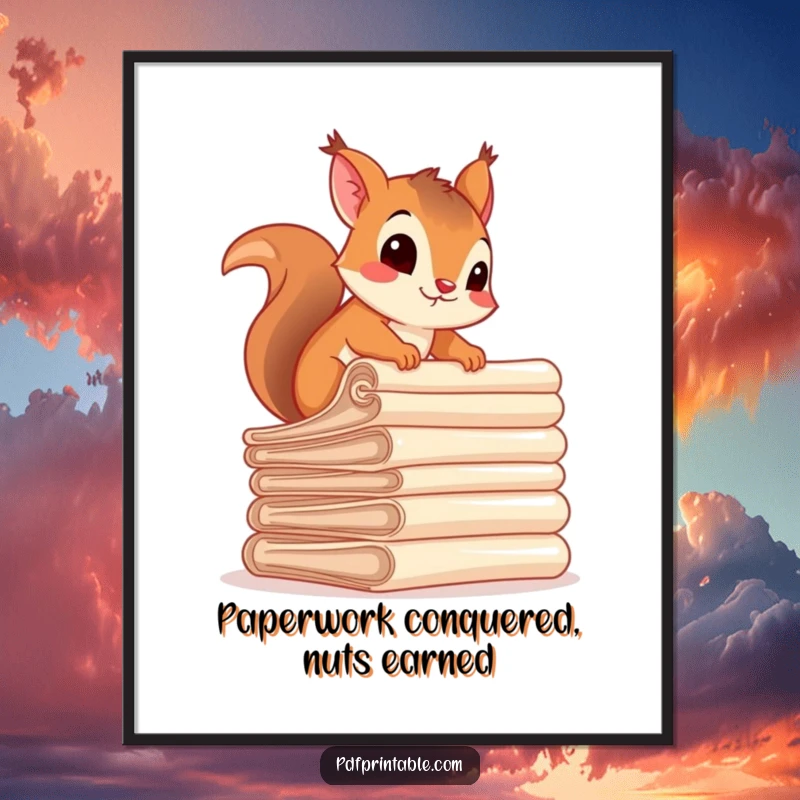 Funny squirrel character scaling a precarious pile of rolled documents, a humorous digital art print for screen readers.