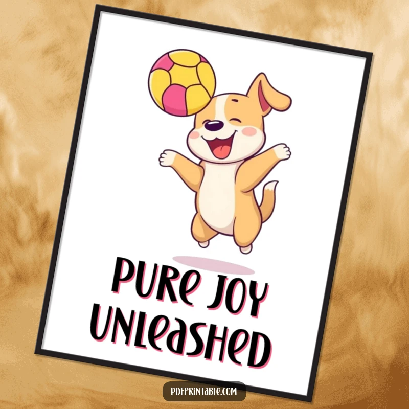 Funny happy dog energetically bouncing a colorful ball high in the air, available as a digital art print for decor.