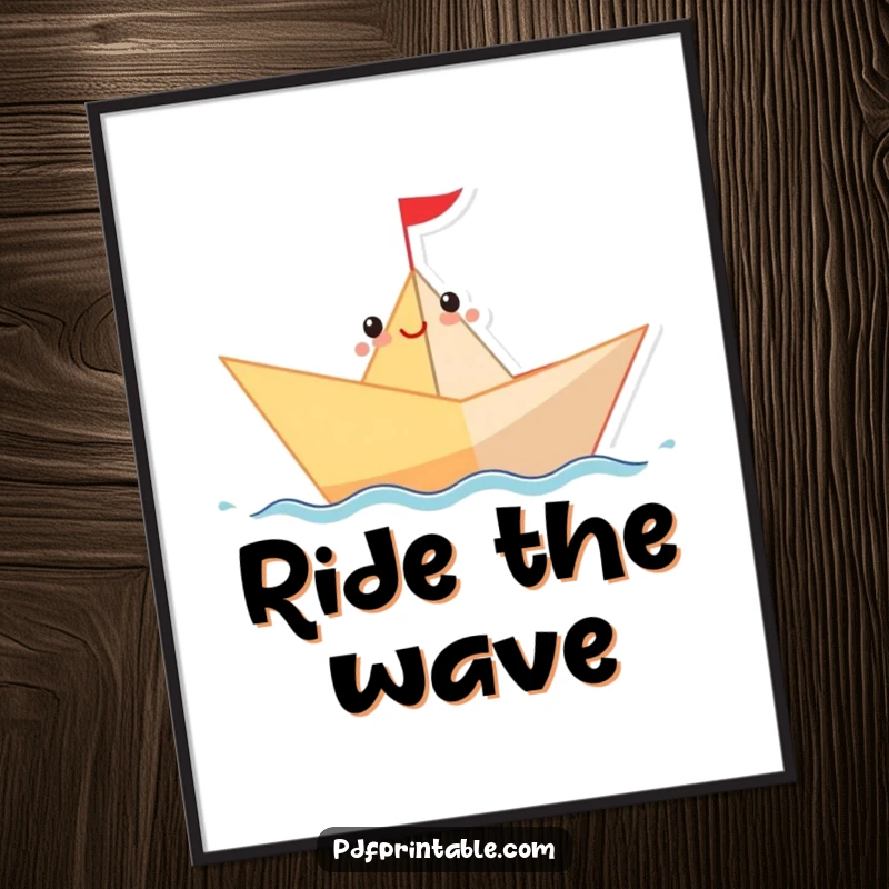 Funny Digital Art Print of a cheerful paper boat character sailing on a wavy line, a humorous and inspiring wall decoration.