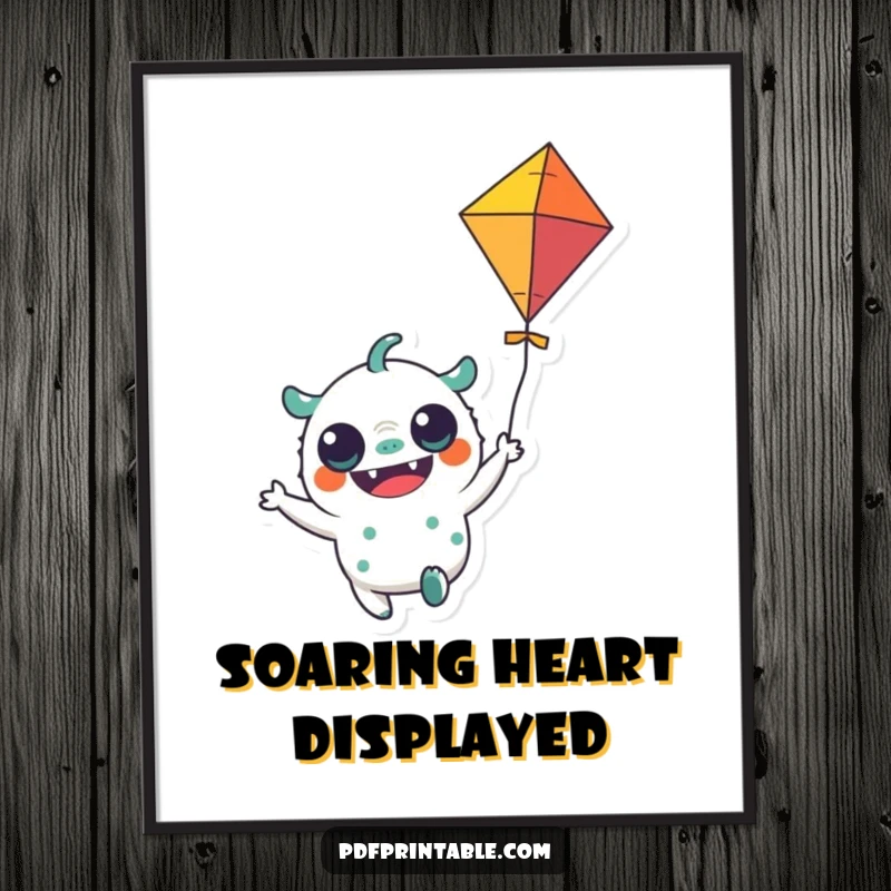 Funny Digital Art Print: A high-resolution image of a cheerful monster character flying a colorful kite, for playful decor.